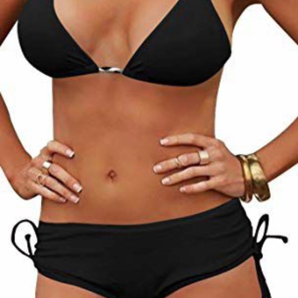 Black Low-Rise Bikini Bottom Swimwear, Ruched Back, Tie Accents, New W Tag, M - Picture 5 of 5